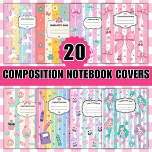 Puede incluir: Una colección de 20 portadas para cuadernos de composición con varios patrones que incluyen unicornios, arcoíris, lazos, cerezas, cupcakes, lápices, té boba y sirenas. Cada portada incluye una etiqueta blanca con el texto Composition Book.
