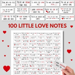 May include: A collection of 100 little love notes with various romantic phrases, including "I adore everything about you" and "You're my dream come true." The notes are on white cards with red heart accents.