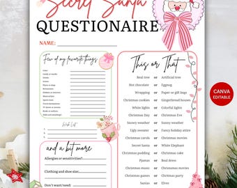 Editable Secret Santa Questionnaire Printable, Christmas Gift Exchange Favorites Survey PDF, Printable Gift Wishlist,  Secret Santa Wishlist