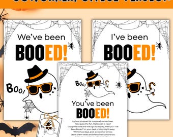 May include: A Halloween-themed set featuring three white cards and a tag, all with a ghost wearing sunglasses and a hat. The cards read "We've been BOOED!" and "I've been BOOED!", and "You've been BOOED!" with instructions. The tag says "You have been BOOED!" and "Happy Halloween!"