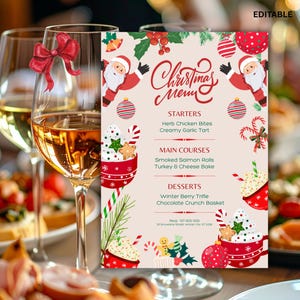 May include: A Christmas menu card with a festive design. The card features a Santa Claus illustration, ornaments, and the words "Christmas Menu." The menu lists starters, main courses, and desserts. Two wine glasses with red bows are in the foreground.