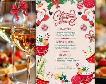 Könnte beinhalten: Eine Weihnachtskarte mit festlichem Design. Die Karte zeigt eine Illustration des Weihnachtsmanns, Ornamente und die Worte "Weihnachtsmenü". Die Speisekarte listet Vorspeisen, Hauptgerichte und Desserts auf. Zwei Weingläser mit roten Schleifen im Vordergrund.