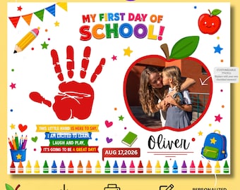 First Day of School Handprint Craft | Editable Canva Template | Photo Keepsake | Back to School Printable | US Letter 8.5x11