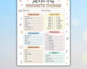 Just a Few of My Favorite Things Teacher Questionnaire | Editable Printable Survey for Teacher Appreciation, PTO, Back to School Gifts