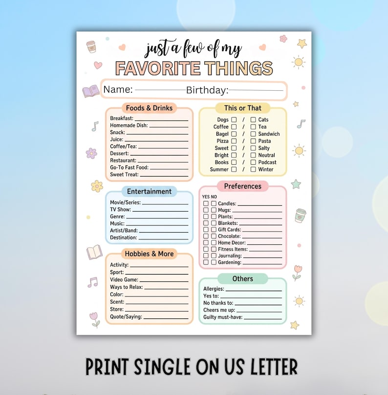 Just a Few of My Favorite Things Teacher Questionnaire | Editable ...