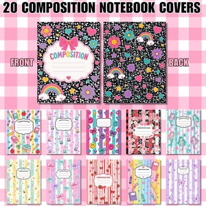 May include: A collection of 20 composition notebook covers featuring various designs including black and white speckled patterns with colorful flowers, rainbows, hearts, stars, mermaids, strawberries, boba tea, and striped backgrounds with bows.
