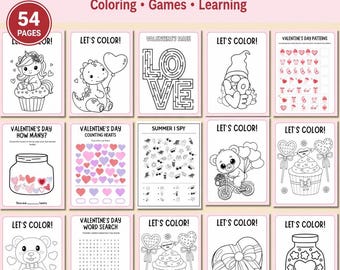 Pacote de atividades imprimíveis para o Dia dos Namorados com páginas para colorir, caça-palavras, palavras embaralhadas, jogos e labirintos! Atividades infantis para o Dia dos Namorados