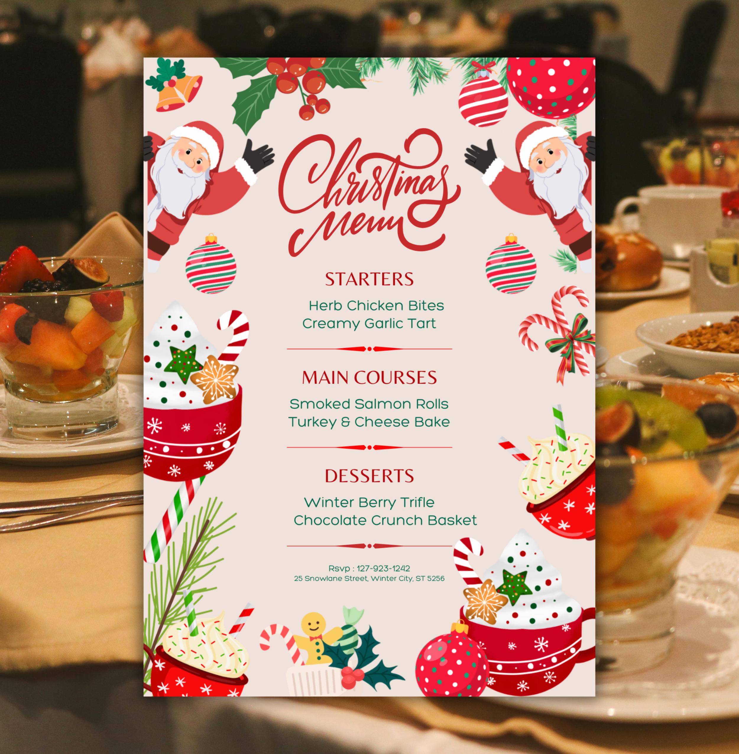 Christmas Menu Template | Editable Holiday Dinner Menu | Printable ...