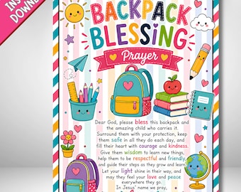 Back to School Backpack Blessing Tag Cards, Sunday School Christian Prayer Craft Tags, BTS Kids Backpack Tags, Bookbag Blessing Prayers Gift