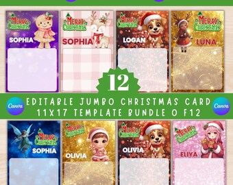 12 voor meisjes, Jumbo-kerstkaarten | Jumbo-kerstkaartsjablonen || Bewerkbare jumbokaart | Bundel met traktatiekaarten voor kinderen