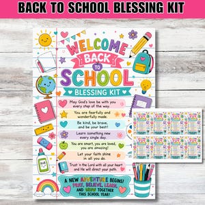 Pode incluir: Uma folha imprimível de kit de bênção de volta às aulas com ilustrações coloridas de material escolar como um globo, mochila, lápis e cola. O texto inclui mensagens inspiradoras e o título Welcome Back to School Blessing Kit.