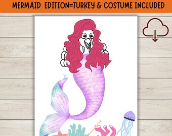 Turkey Disguise Printable | Mermaid Turkey in Disguise | Disguise a Turkey Thanksgiving Craft for Kids Activity Table | Turkey Disguise Kit
