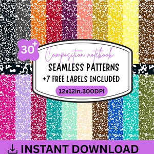May include: A collection of thirty-plus seamless digital patterns featuring a classic composition notebook speckled design in various colors, including black, orange, red, purple, pink, yellow, brown, blue, and green, with text stating 12x12in.300DPI.