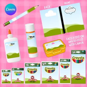 Schulanfang-Mockup-Bundle (Canva-Vorlage), Mockups für Schulmaterialetiketten, Notizbuch, Kleber, Bleistift, Buntstift – bearbeitbarer digitaler Download