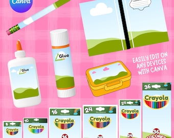 Back to School Mockup Bundle Canva Template, School Supply Label Mockups, Notebook Glue Pencil Crayon Mockup,Editable Canva Digital Download