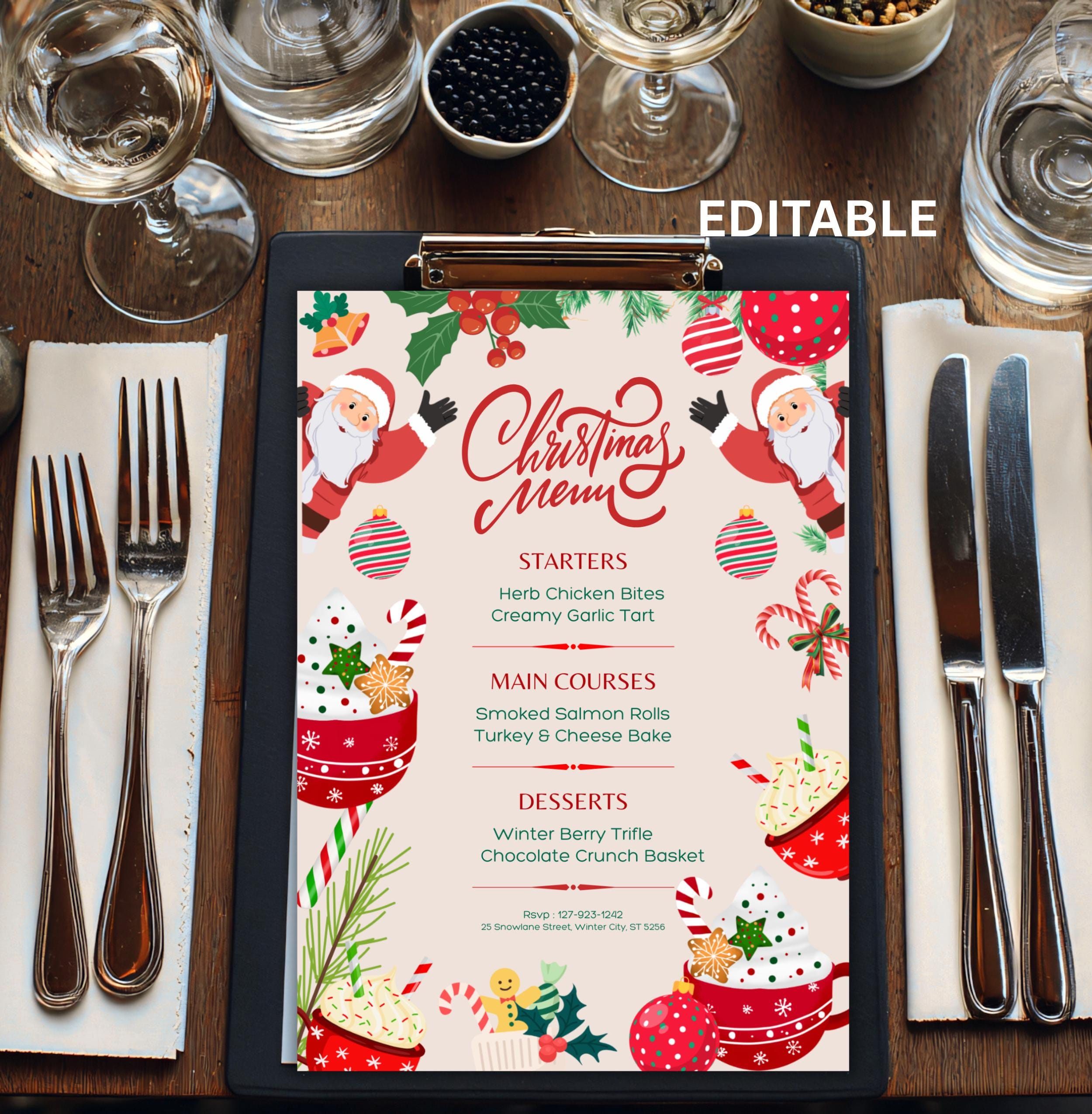 Christmas Menu Template | Editable Holiday Dinner Menu | Printable ...