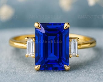 2カラット ブルーサファイア リングセット/エメラルドカット