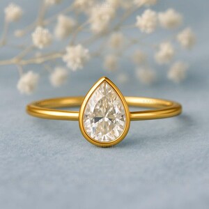Teardrop Bezel Set Moissanite Ring, Solitaire Engagement Ring, Wedding Diamond Ring, 14K Yellow Gold Travel Wedding Ring, Anniversary Gift