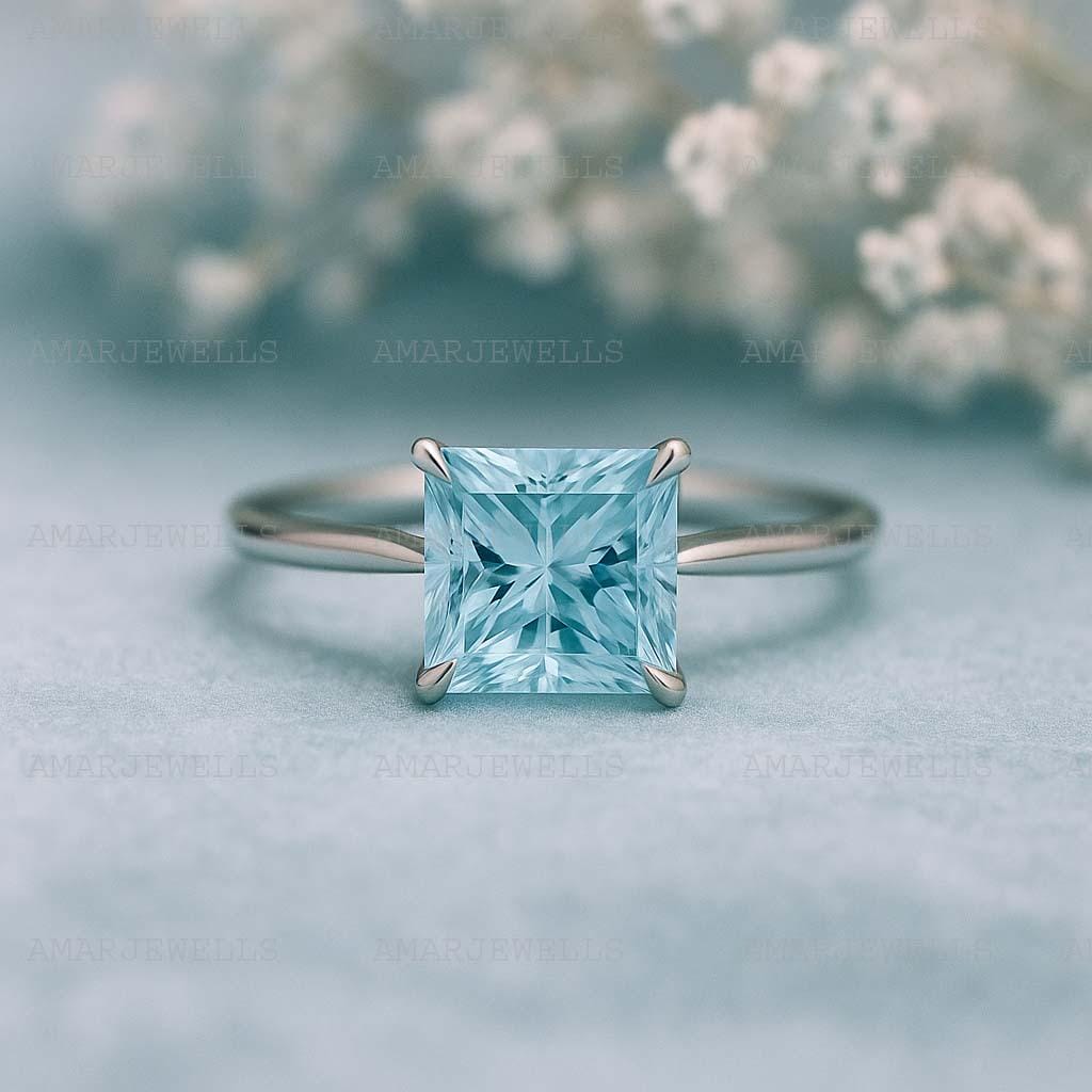 Princess Cut Aquamarine Ring 14k Gold, Aquamarine Engagement Ring, March Birthstone Jewelry, Aquamarine Promise Ring, Anniversary Ring
