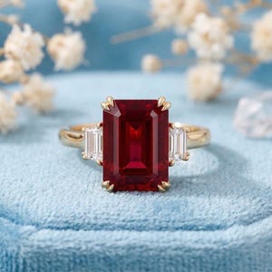 Anillo de rubí talla esmeralda, anillo de compromiso con diamantes talla baguette, anillo de tres piedras, anillo de novia estilo vintage, joyería fina para mujer, regalo de piedra natal de julio