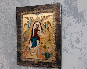 Geboorte van Christus icoon handgemaakte Byzantijns-orthodox-katholieke houten kerst religieuze kunst aan de muur