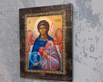 Handmade Wooden Icon of Archangel Gabriel – Religious Home Blessing, Prayer Gift