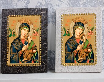 Handcrafted Our Lady of Perpetual Help Wooden Icon, Byzantine Art