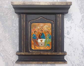 Sacred Trinity Icon Handmade Byzantine Orthodox Catholic Wooden Three Persons Religious Wall Art