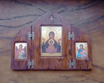 Orthodox Wooden Icon Triptych – Virgin Mary and Archangels – Handmade Christian Home Altar