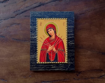 Handcrafted Our Lady of Seven Sorrows Wooden Icon, Semistrel'naya Orthodox Art