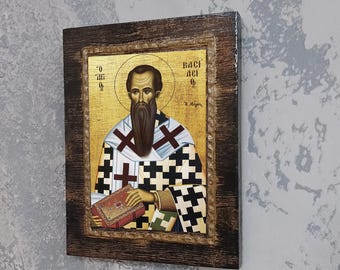 Icoon van heilige basilicum: handgemaakte orthodoxe kunst in Byzantijnse stijl