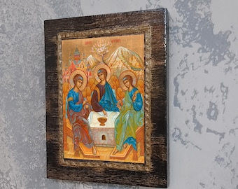 Sacred Trinity Icon Handmade Byzantine Orthodox Catholic Wooden Three Persons Religious Wall Art