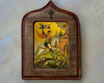 Sint-Joris icoon orthodoxe Byzantijnse drakendoder patroonsoldaten religieuze kunst houten