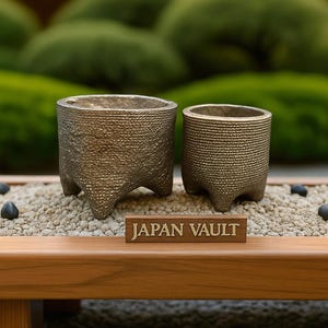 May include: Two cylindrical bronze-toned planters with textured surfaces and three short legs. A small rectangular wooden sign with the text JAPAN VAULT in gold lettering is placed in front of the planters on a bed of light-coloured gravel.