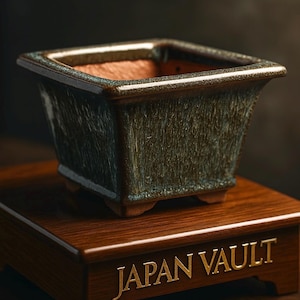 Puede incluir: Una maceta cuadrada para bonsái con un esmalte verde oscuro texturizado. La maceta se encuentra sobre un soporte de madera con el texto "JAPAN VAULT" en letras doradas. La maceta tiene forma acampanada y pequeños pies.