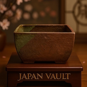 以下が含まれることがあります： 緑色の角を持つ正方形の茶色のセラミックプランターが、濃い木製のスタンドの上に置かれています。スタンドには「JAPAN VAULT」の文字が金色の文字で刻まれています。プランターは空で、素朴な外観をしています。