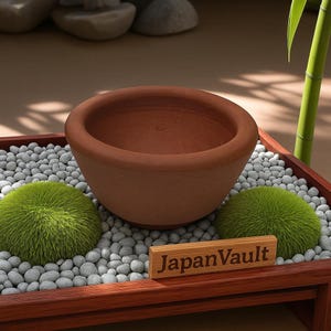 以下が含まれることがあります： テラコッタのボウルが、小さな灰色の石と2つの緑色の球状の苔のアクセントが入った木製のトレイに置かれています。「JapanVault」というテキストが入った木製の看板も付いています。このシーンは静けさを感じさせます。