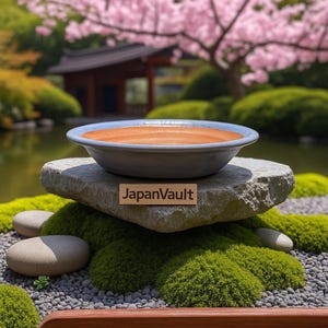 Puede incluir: Un cuenco de cerámica gris con borde azul, lleno de una sustancia naranja, se asienta sobre una piedra gris. La piedra descansa sobre un lecho de musgo verde y pequeños guijarros. Un letrero de madera con el texto "JapanVault" es visible.