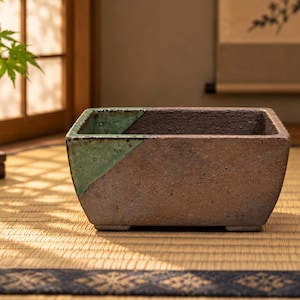 Rectangular Japanese bonsai pot accented with green- Japanese Bonsai pots - Tokoname bonsai -handmade - Japanese traditional - pottery pots