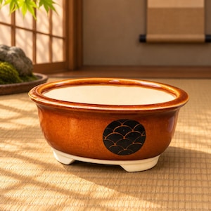 Brown Glazed Oval Pot with Traditional Crest – Minor Chip  Japanese Bonsai pots -  bonsai -handmade - Japanese traditional - pottery