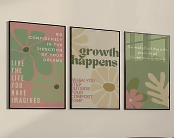 Decoración de oficina verde, pósteres con citas inspiradoras, paquete de decoración de pared motivacional para oficina, láminas decorativas de pared verde salvia, conjunto de 3 piezas para pared de galería