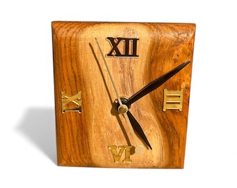 Rustic Wooden Desk Clock | Handmade Table Clock with Brass Roman Numerals