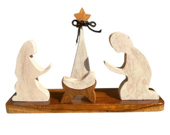 Minimalistische houten kerststal | Handgemaakt rustiek kerstdecor | Heilige familie-set