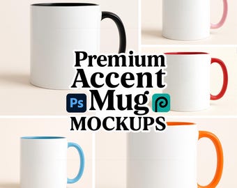 Akzent Tasse Mockup Smart Objekt Bundle, Tasse mit schwarzem Griff Mockup, Gelb PSD Tasse Mockup, Pink Griff 11oz Kaffeetasse Mockups, Sofort Download