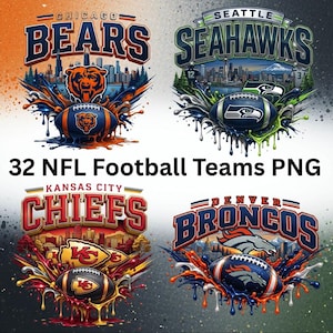 May include: A digital graphic collection featuring 32 NFL Football Teams PNG logos. The image displays four team emblems including the Chicago Bears, Seattle Seahawks, Kansas City Chiefs, and Denver Broncos, each with a football and city skyline.