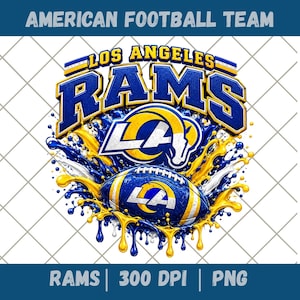 Puede incluir: Un gráfico digital con el logotipo de los Los Angeles Rams en azul, amarillo y blanco. El diseño incluye el texto "LOS ANGELES RAMS" y "LA" sobre un balón de fútbol americano rodeado por una salpicadura dinámica de pintura azul, amarilla y blanca.