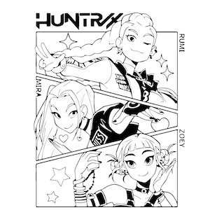 Könnte beinhalten: Schwarz-Weiß-Illustration mit drei stilisierten weiblichen Figuren im Comic-Stil. Das Wort "HUNTRX" steht oben. Die Figuren sind mit "RUMI", "MIRA" und "ZOEY" beschriftet. Jede Figur hat eine andere Pose.