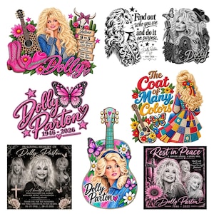 Puede incluir: Una colección de diseños gráficos digitales que presentan a Dolly Parton, incluyendo ilustraciones de ella con guitarras, mariposas, flores y botas vaqueras, junto con textos como Jolene, 9 to 5, The Coat of Many Colors y varios tributos conmemorativos.