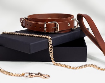 Personalized Brown Leather Collar With Chain Adjustable Handmade Gift Box Accessory