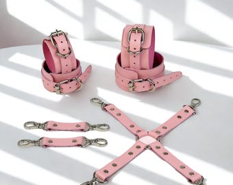 Personalized Pink Leather Wrist And Ankle Cuff Set With Connector Straps